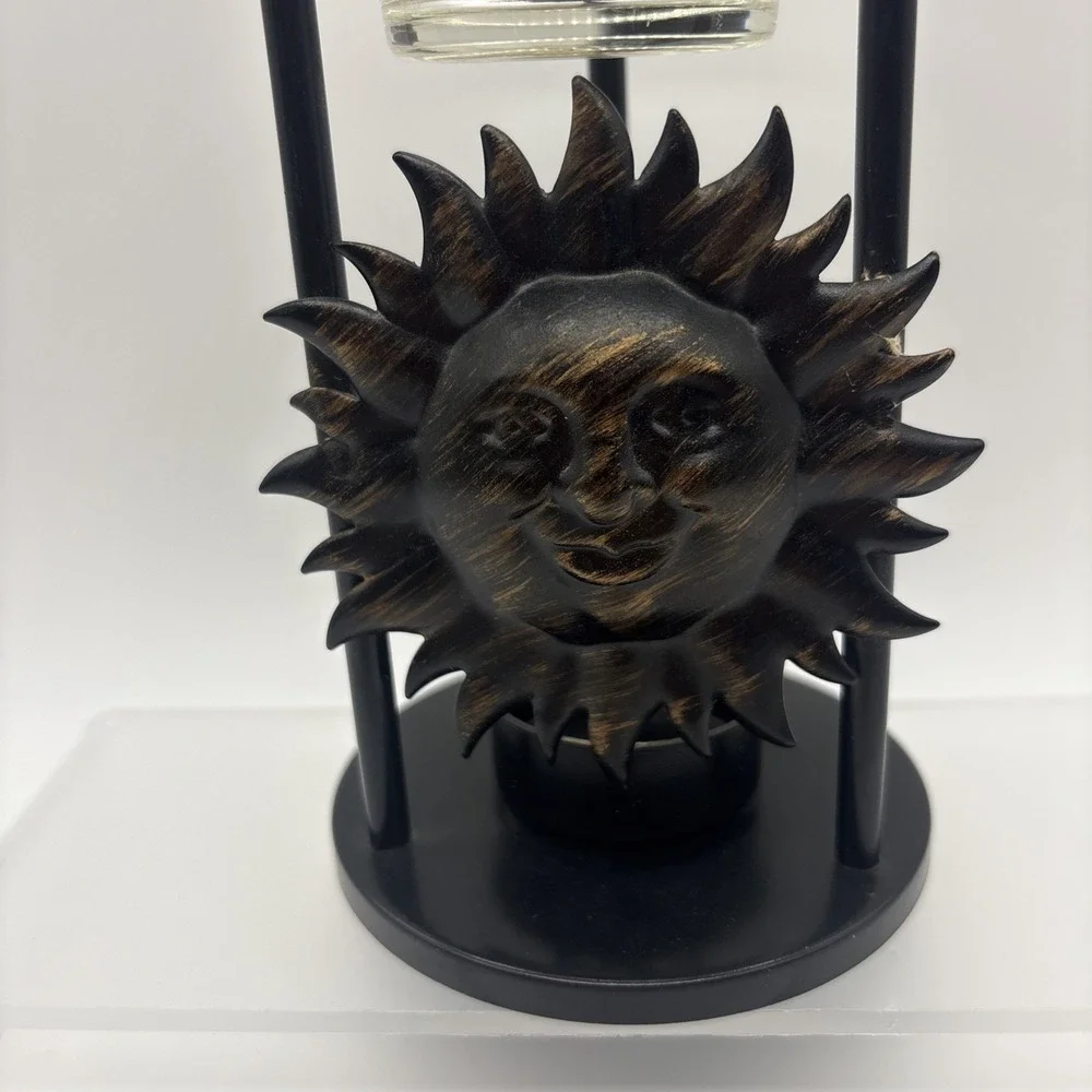 Vintage Celestial Sun Candle Holder & Oil Warmer Metal Bronze Finish Glass Top